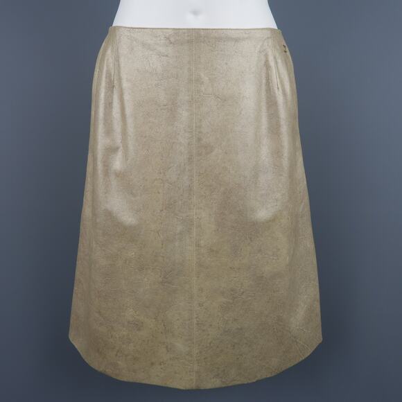 CHANEL Size 8 Metallic Gold Marbled Leather A Line Skirt - Picture 1 of 5